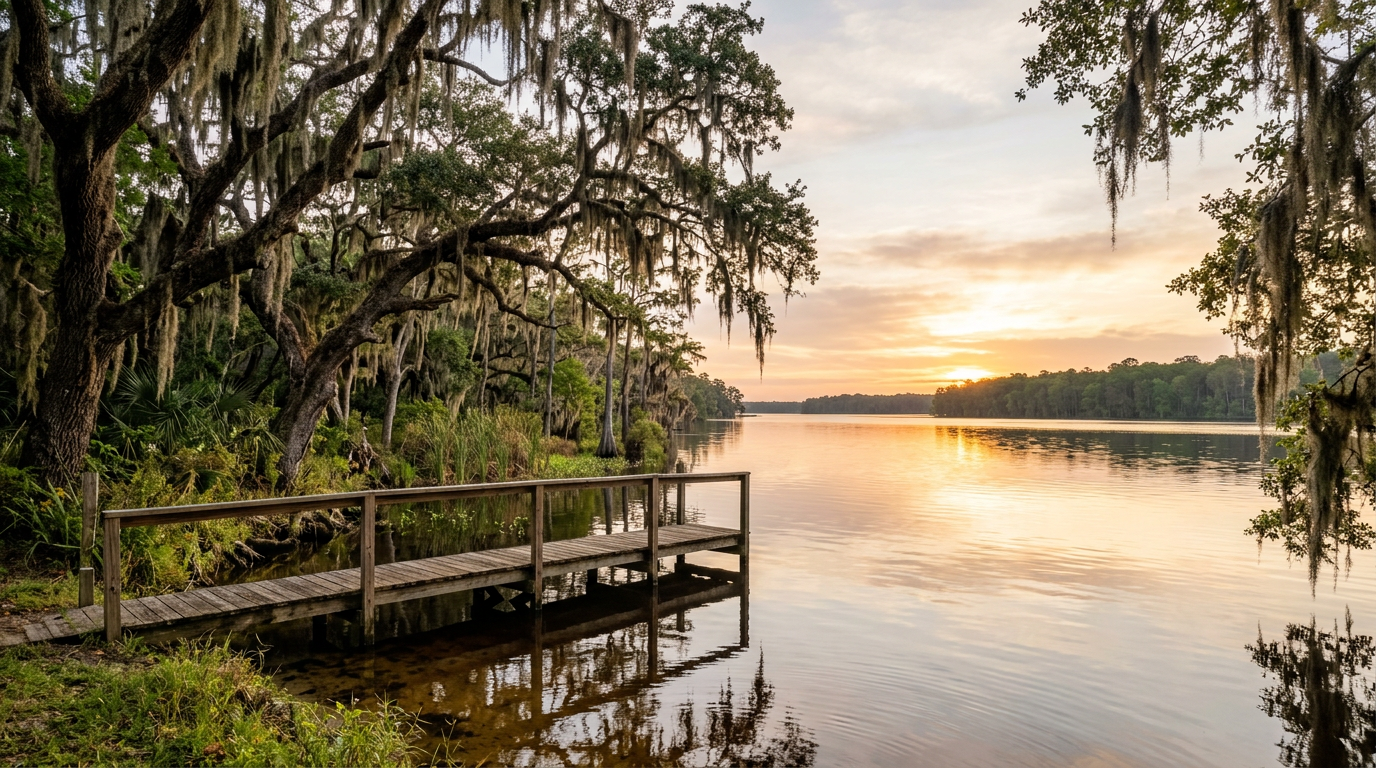 Live oak trees draped in Spanish moss along the St. Johns River at sunrise